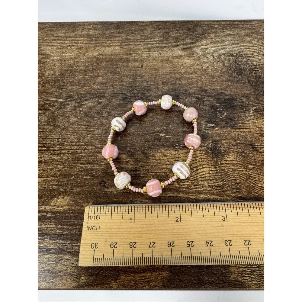Kazuri Pink‎ Clay Hand Painted Beaded Bracelet Hand Made in Kenya Elastic